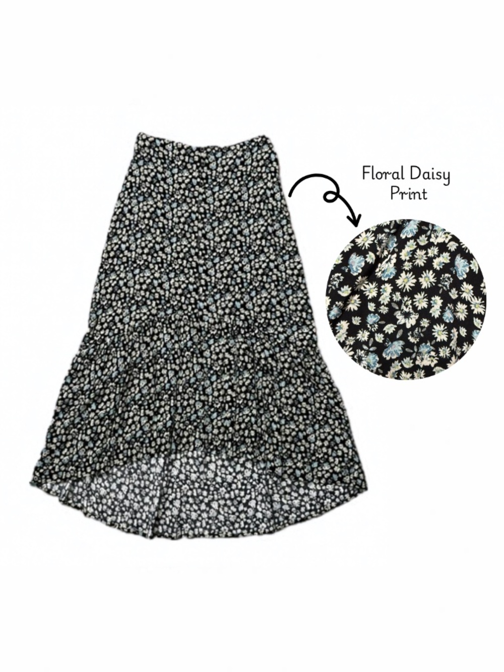 Wild Fable Floral Tiered High-Low Maxi Skirt Black, Blue, Daisy, Small